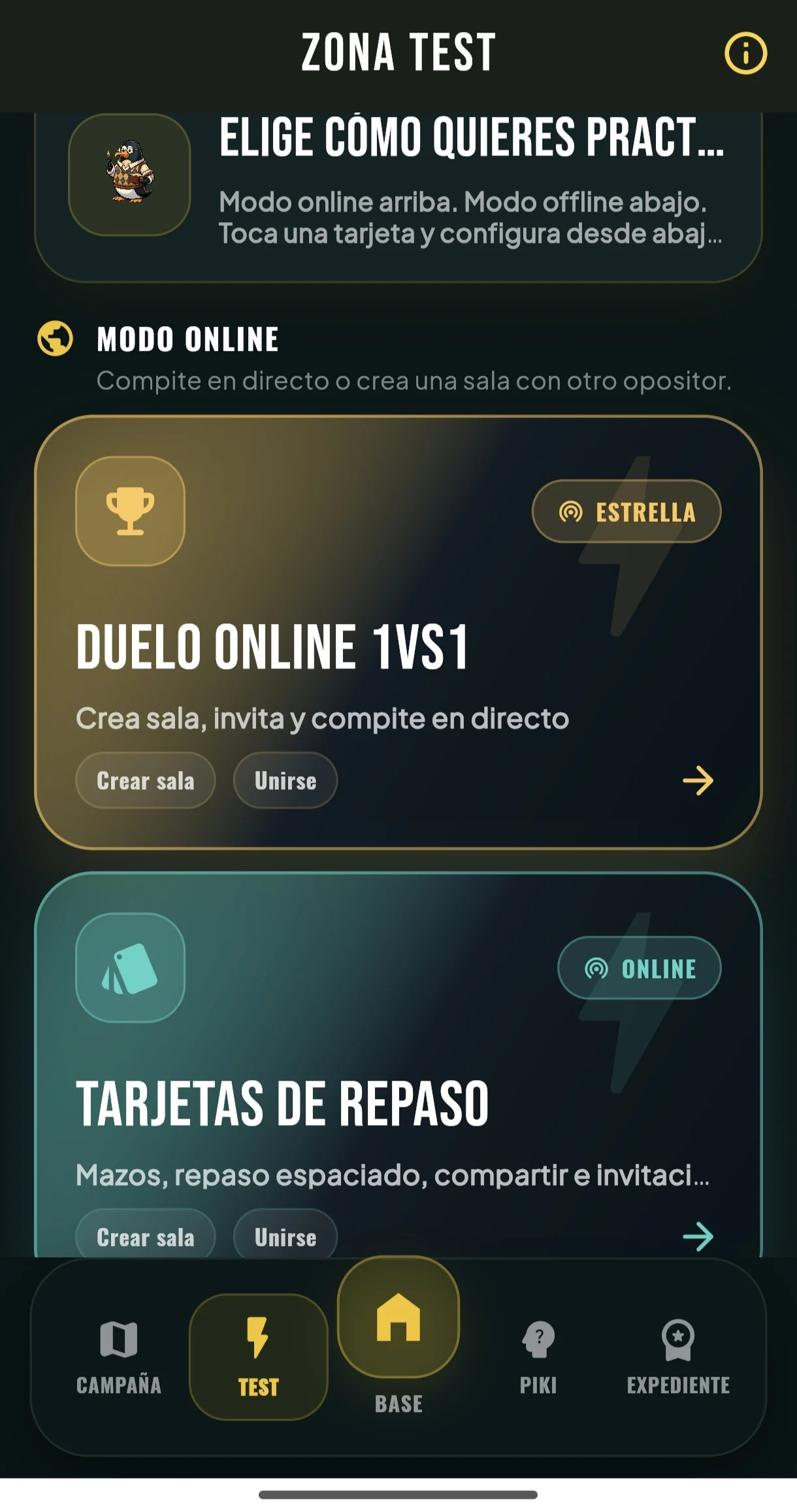 Duelos y tarjetas en Oposiplus